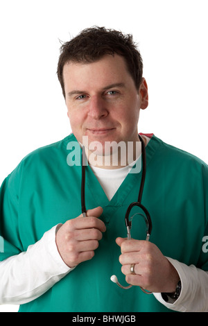 man wearing medical scrubs looking to camera smiling holding stethoscope Stock Photo