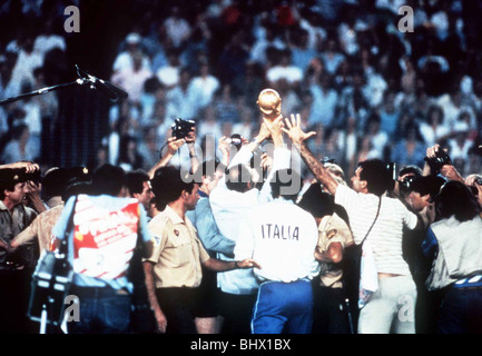 Football World Cup Final 1982 Italy 3 West Germany 1 in Madrid Enzo Bearzot Italian football manager holds World Cup over head