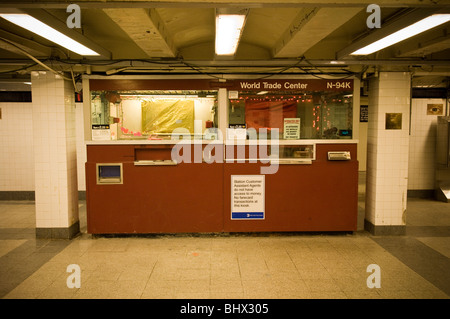 An empty subway station attendant token booth in the World Trade Center station in New York Stock Photo