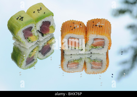 Salmon and Tuna Inside out Sushi Stock Photo