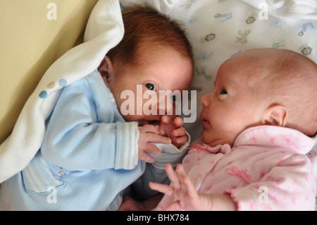 two 8 day old baby twins male and female Stock Photo