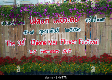 Flower display, ancient and modern floral art gaily decorated bedecked, parade of floats made with colorful flowers; 34th Chiang Mai Flower Festival. Stock Photo