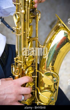 Saxophone player playing music Stock Photo