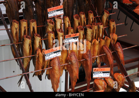 Smoked fishes (kipper, mackerel, sebastes and dissostichus) in Swinoujscie, Poland Stock Photo