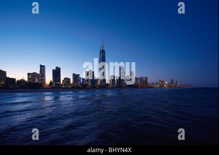 Surfers Paradise, Gold Coast Australia skyline at twilight  (low aerial view from a helicopter) Stock Photo