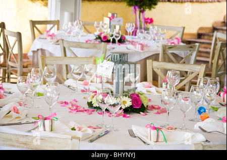 Decorated table at wedding reception Stock Photo