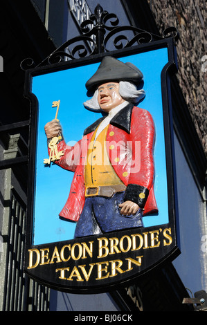 Sign for Deacon Brodie's pub on the Lawnmarket, Edinburgh, Scotland, UK.