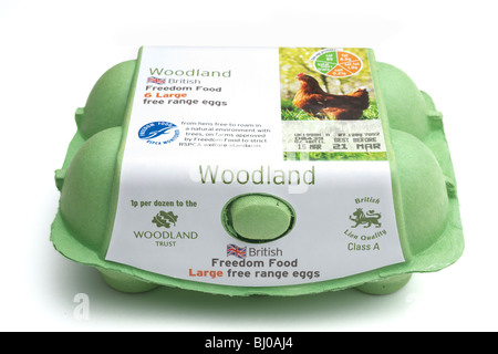 Egg box containing Six class A Woodland British free range eggs in a green polystyrene container Stock Photo