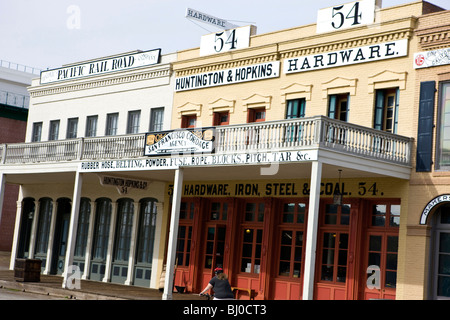 Huntington & Hopkins Hardware and Pacific Rail Road store fronts, Old Sacramento, California, United States of America Stock Photo