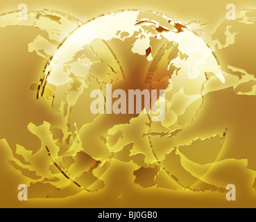 Glowing translucent world map globes, Americas, Asia, Europe, Africa Stock Photo