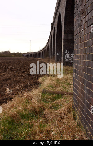 Railway  Arches carrying the rail line to High Marnham power station with graffiti under the arch Stock Photo