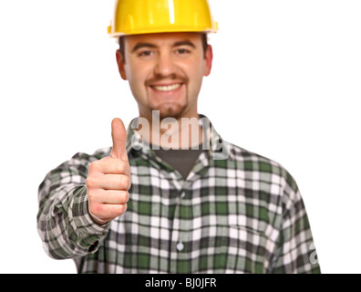 happy handyman thumb up isolated on white background Stock Photo