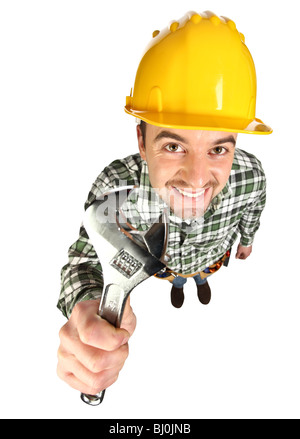 funny young smiling manual worker on white Stock Photo