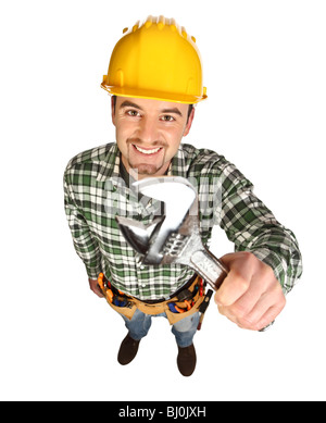 funny handyman smile and hold wrench isolated on white Stock Photo