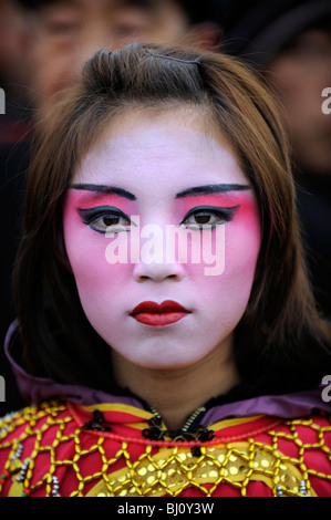 Chinese woman with theatrical makeup during Spring Festival performing in Yuxian, Hebei, China. 28-Feb-2010 Stock Photo