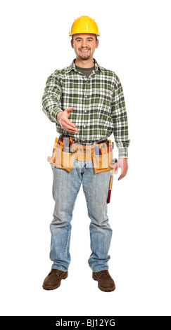 handyman shake hand gesture isolated on white background Stock Photo