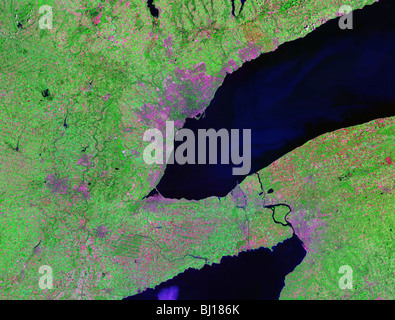 High over Ontario's Golden Horseshoe. A high resolution, false colour Landsat satellite composite Stock Photo