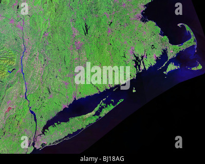 High over Cape Cod and Long Island including Boston and New York City. A high resolution, false colour Landsat satellite image Stock Photo