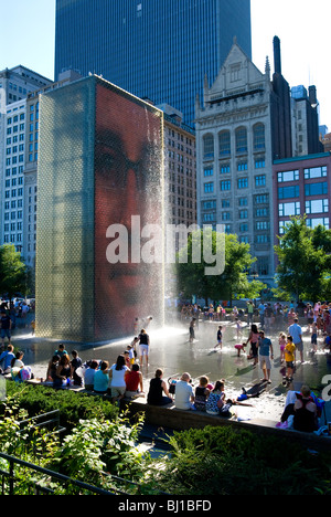 Crown Fountain, Chicago, Illinois. Interactive fountain designed by artist Jaume Plensa. Faces made with light emitting diodes. Stock Photo