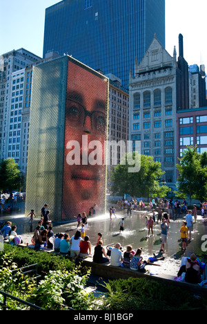 Crown Fountain, Chicago, Illinois. Interactive fountain designed by artist Jaume Plensa. Faces made with light emitting diodes. Stock Photo