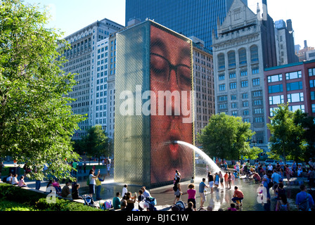 Crown Fountain, Chicago, Illinois. Interactive fountain designed by artist Jaume Plensa. Faces made with light emitting diodes. Stock Photo