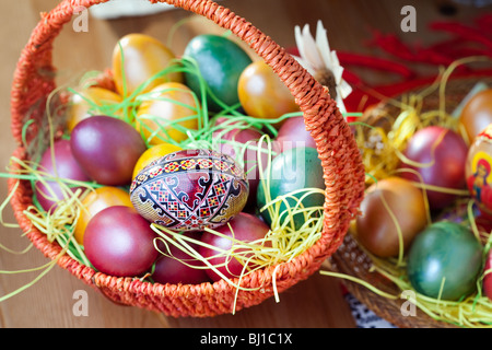 Colorful easter painted eggs in a basket Stock Photo
