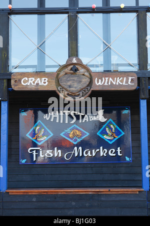 A sign for the fish market and restaurant in the popular seaside town of Whitstable Stock Photo