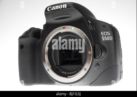 Canon EOS 550D or Digital Rebel 2Ti digital SLR camera with movie function March 2010. Body only with lens removed. Stock Photo