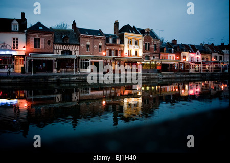 Amiens, France, Historic Town Center, 'Saint Leu' area, Street Scenes, North of France, at Dusk Stock Photo