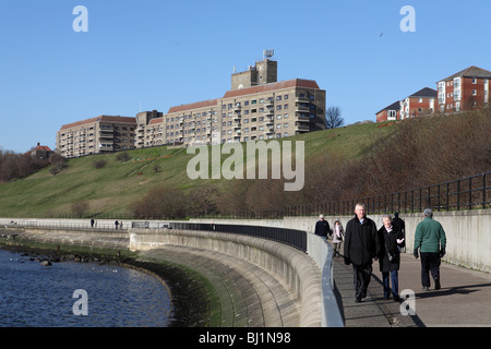 Sir James Knott Memorial Flats Tynemouth seen from the bank of the river Tyne, Tyne and Wear, England, UK Stock Photo