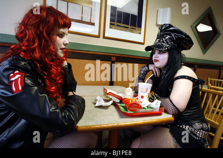 Gothic Girls in a McDonald's Restaurant, Västerås, Västmanland, Sweden Stock Photo