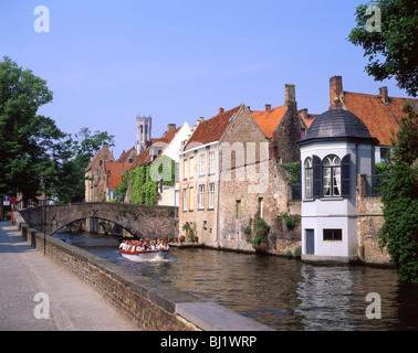 Canal boat on the Groenerei (canal), Bruges (Brugge), West Flanders Province, Kingdom of Belgium Stock Photo