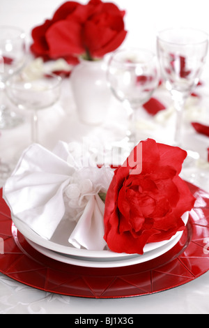 Place setting in red and white - for Valentine or other event Stock Photo
