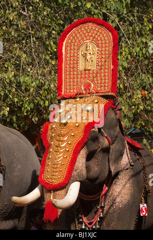 India, Kerala, Adoor, Sree Parthasarathy temple, Gajamela festival, caparisoned elephant in ritual procession Stock Photo