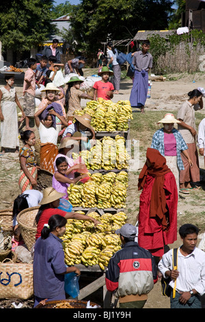 Burmese women selling bananas. Pakokku market. Myanmar Stock Photo