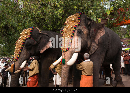 India, Kerala, Adoor, Sree Parthasarathy temple, Gajamela, caparisoned elephants in ritual procession Stock Photo