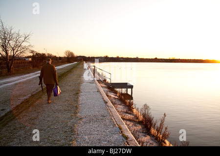 Fly fishermen at Walthamstow reservoirs London England. Stock Photo