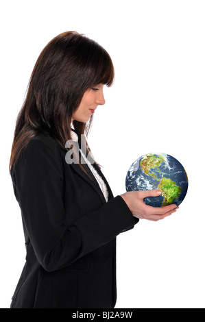 Young businesswoman holding the earth isolated on a white background Stock Photo