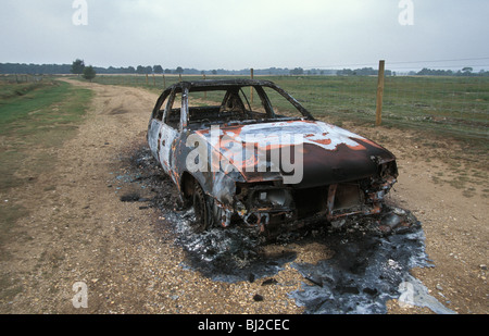 Burnt out probably stolen car dumped at Cavenham Heath National Nature Reserve sept 2002 Suffolk Stock Photo