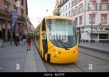 Yellow tramway in Mulhouse Alsace France horizontal 099380 Alsace Stock Photo