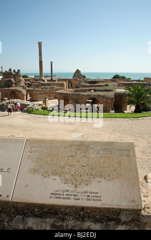 A sign showing a cross-section of the first floor at the Antonine or Antonin baths at Carthage, Tunisia, North Africa Stock Photo