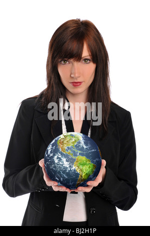 Young businesswoman holding the earth isolated on a white background Stock Photo