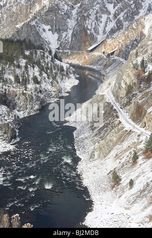View of the Thompson River in winter from Skihist Provincial Park, near Lytton, British Columbia Stock Photo