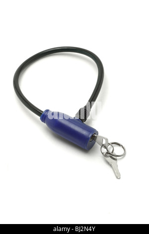 Bicycle lock with black cable and keys on white background Stock Photo