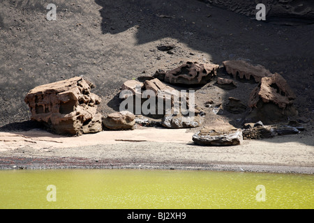 The green lagoon Charco de los Clicos at El Golfo, Lanzarote, Canary Islands, Spain Stock Photo