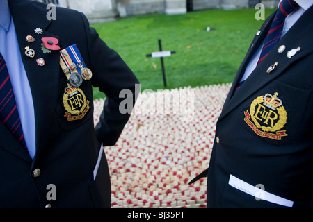 Serving Royal Military Policemen pay respects to fallen soldiers, killed during recent conflicts during Remembrance weekend. Stock Photo