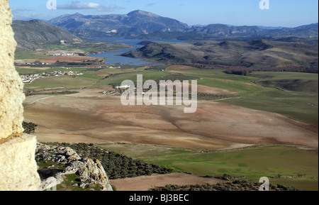 Teba Andalucia Spain Landscape View from the Castle with Lakes and Mountains AND OLIVE TREE GROVES in the Background Stock Photo