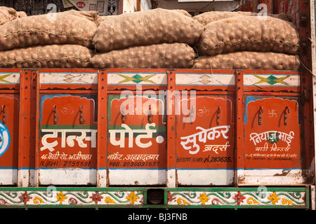 India, Kerala, Calicut, Kozhikode, Big Bazaar, decorated side of truck carrying onions from Maharashtra Stock Photo