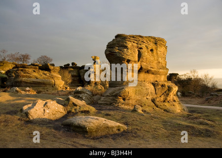 The elements have carved strange formations in the millstone grit at Brimham Rocks in Nidderdale, North Yorkshire Stock Photo