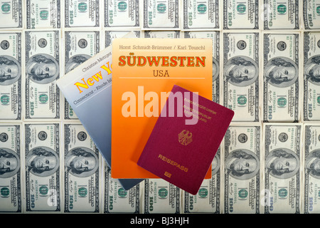 Southwest USA Travel Guide, New York, German passport, several 100-dollar bills Stock Photo